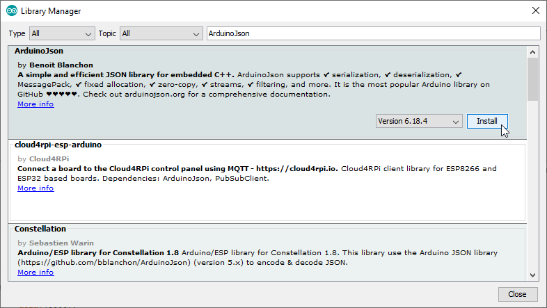 Installing the ArduinoJSON library